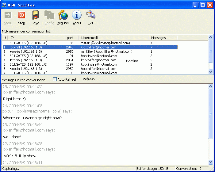 MSN sniffer monitors MSN chat conversations on network without being detected.